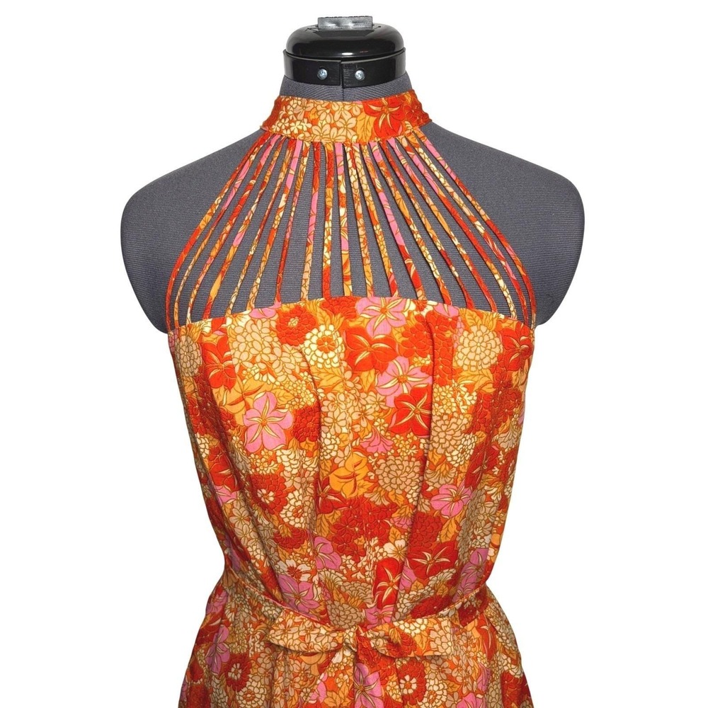 Vtg 60s 70s Floral psychedelic mod Cage Halter‎ Dress Boho 35-36-48 S/M - Picture 12 of 14